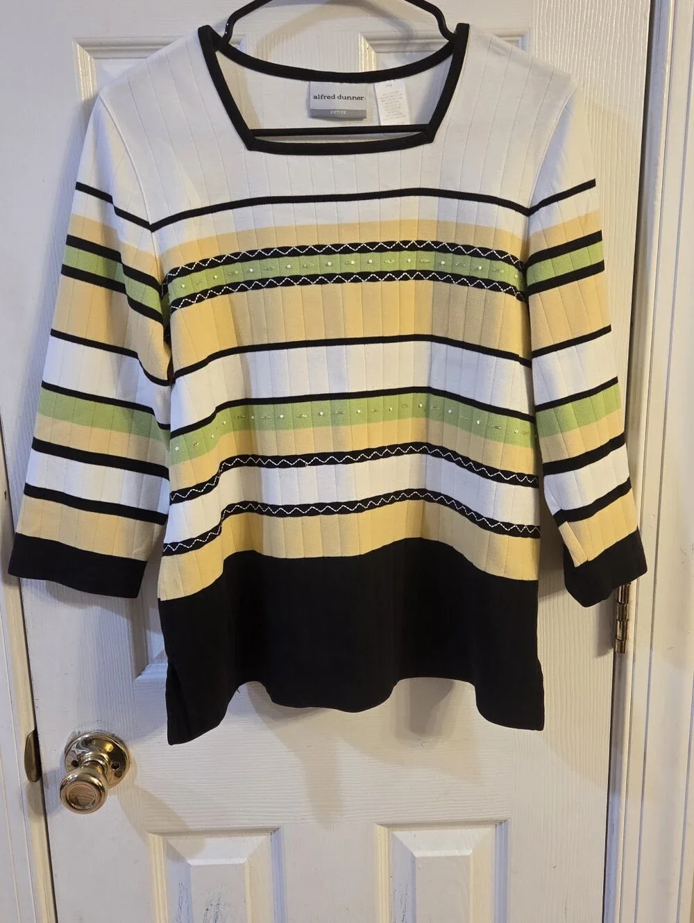 Alfred Dunner Petite Women's Square Neck Striped Knit Top Size PM 3/4 Sleeve